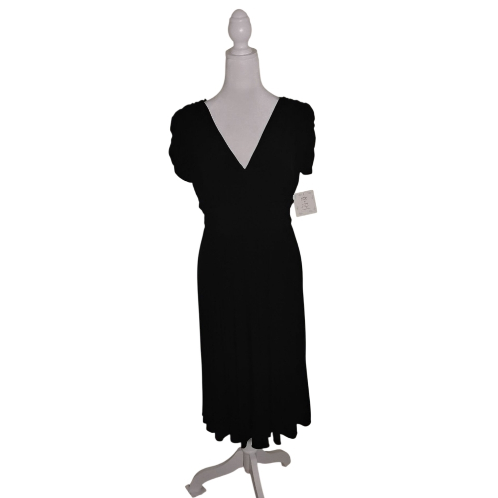 Suzi Chin Women's 8 Black Pleated Ruched Short Sleeve Midi Dress